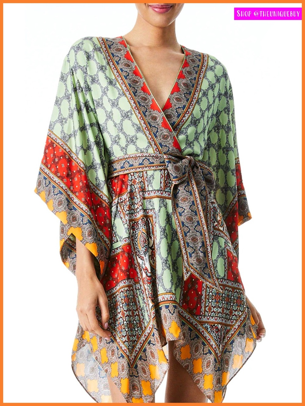 Alice + Olivia Haveri Kimono Belted Green Red Paisley Handkerchief Mini Dress